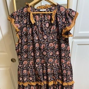 Anthropologie Flare Dress, brown, gold. Layered ruffles and knee length.